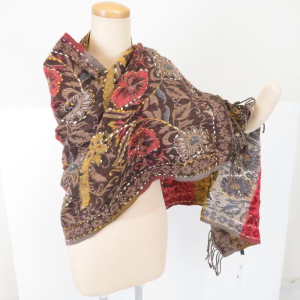 ショール 草花模様 茶色ｘ辛子色ｘ赤色 ポリエステル アクリル
