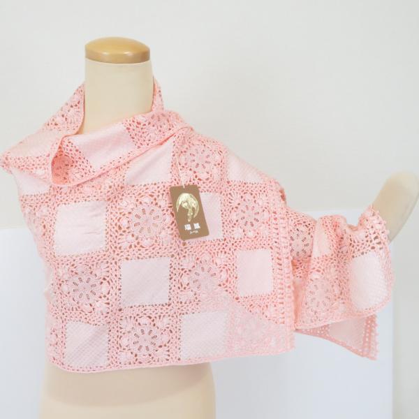 ショール 端鳳ヌーベル レースショール サーモンピンク色 生地絹 レース部分レーヨン 綿
