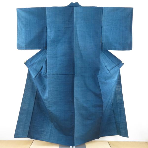 紬 着物 かつお縞 青色 単衣 バチ衿 正絹 仕立て上がり着物 身丈157cm