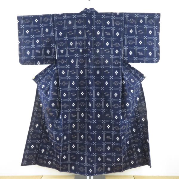 木綿着物 絣模様 単衣 バチ衿 紺色ｘ白色 仕立て上がり着物 レトロ 身丈148cm