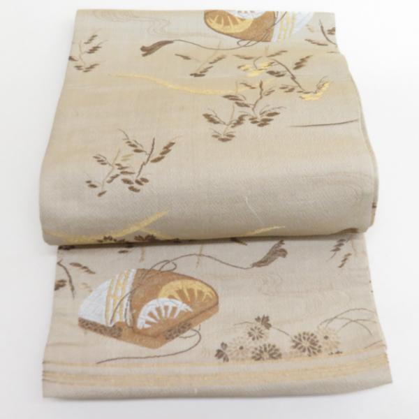 丸帯 アンティーク 絹 風景に文箱文様 金糸 薄茶色ｘ茶色ｘゴールド 全通 仕立上がり レトロ 明治...