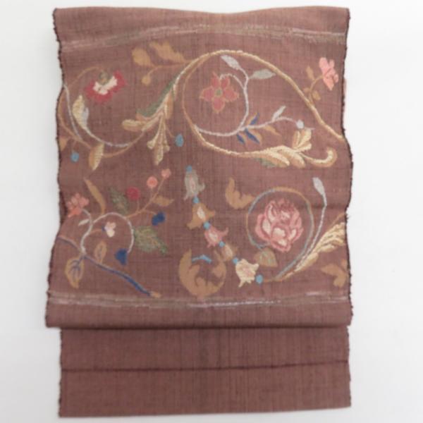 名古屋帯 化繊 レーヨン 茶色ｘ青色 唐草花模様 お太鼓柄 八寸帯 カジュアル 仕立て上がり 着物帯...