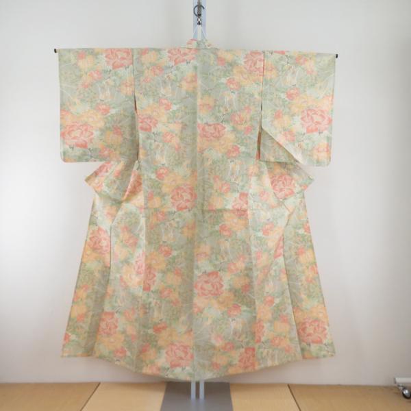 紬 着物 単衣 花模様 緑色ｘ黄色 バチ衿 正絹 仕立て上がり着物 身丈150cm