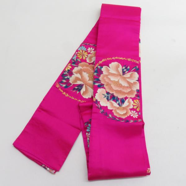 半幅帯 アンティーク 絹 日本刺繍 希少 花柄 ピンクｘベージュｘ青 仕立て上がり 長さ348cm