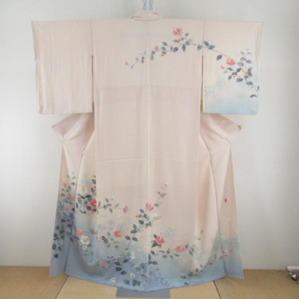 訪問着 十日町友禅 岡村蒼風 作家物 落款入り 一つ紋入り ベージュｘ青色 パステル系 花文様 広衿...