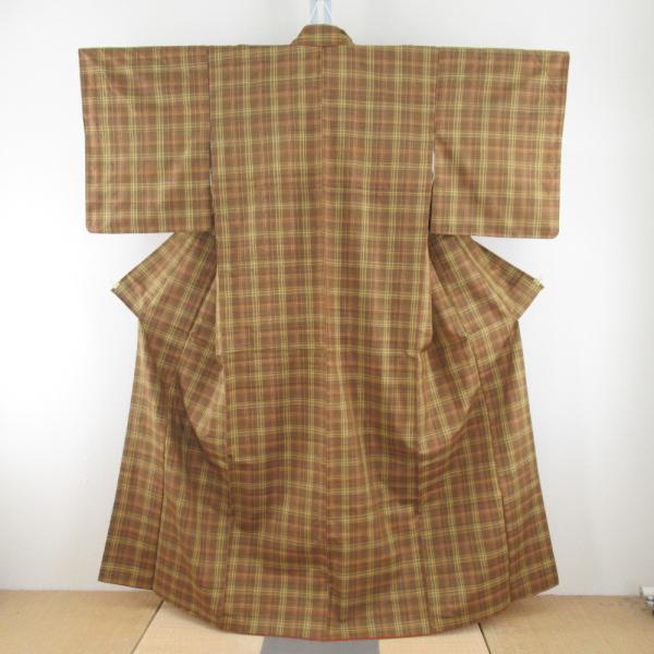 紬 着物 格子模様 辛子色ｘ黄色 袷 広衿 正絹 仕立て上がり着物 身丈158.5cm