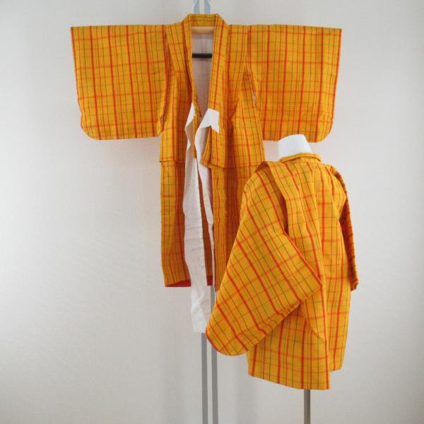 子供着物 絹 紬 格子模様 黄色ｘ赤色 女児用 アンサンブル 身丈90.5cm