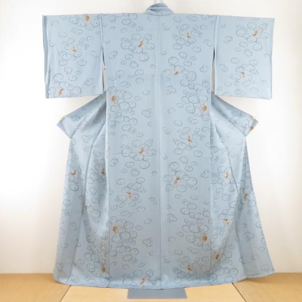 小紋 万寿菊文様 箔 単衣 広衿 灰青色 正絹 カジュアル着物 仕立て上がり 身丈160cm