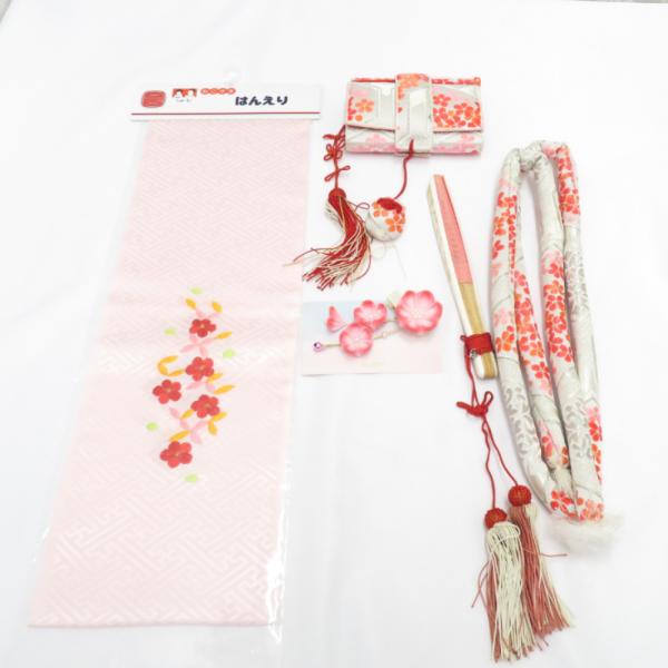 髪飾り・かんざし 刺繍半衿 帯締め 扇子 筥迫 箱迫 5点セット 女児用 ピンク 花 つまみ細工 ヘ...
