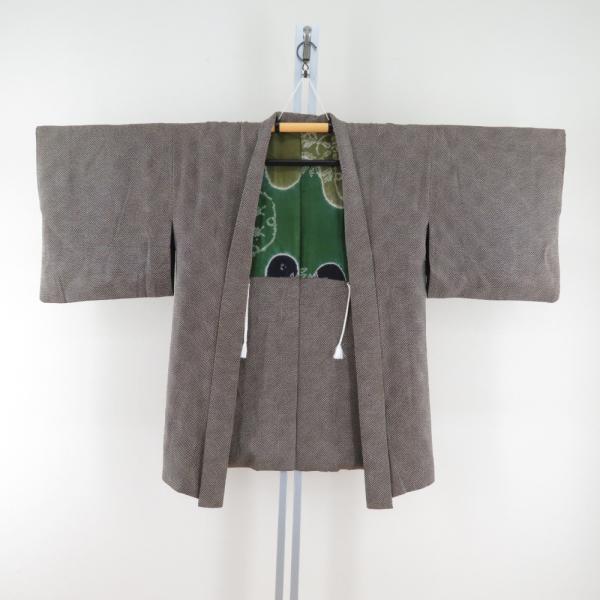 羽織 アンティーク 昔羽織 正絹 茶色ｘクリーム色ｘ緑色 網模様 ちりよけ 上着 身丈86cm