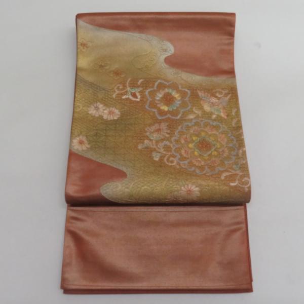 西陣織 袋帯 西陣織 証紙付き 蘇州刺繍 スワトウ刺繍 流水に菊や華紋文様 茶色ｘゴールド色 お太鼓...