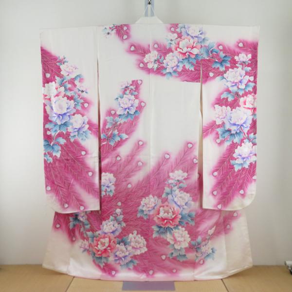 振袖 白色ｘピンク色ｘ紫色 刺繍入り 牡丹に孔雀の羽根文様 ぼかし染め 正絹 袷 広衿 成人式 仕立...