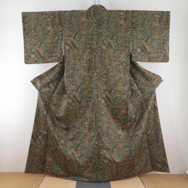 小紋 ポリエステル 袷 緑色ｘ茶色ｘ辛子色 切嵌模様 広衿 仕立て上がり 身丈159cm