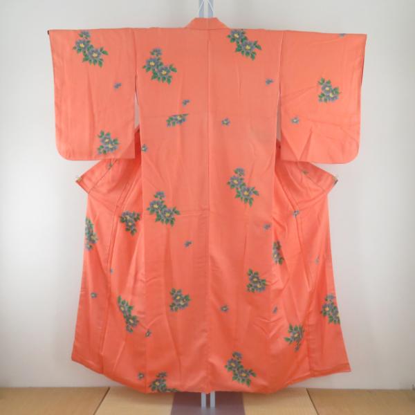 子供着物 オレンジ色ｘ緑色 バチ衿 花模様 女児用 絹 身丈151cm