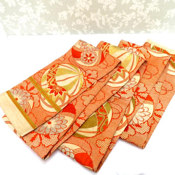 昔 子供帯 アンティーク 正絹 丸帯仕立 ベージュ オレンジ 金 銀 手毬 匹田 レトロ 大正ロマン...