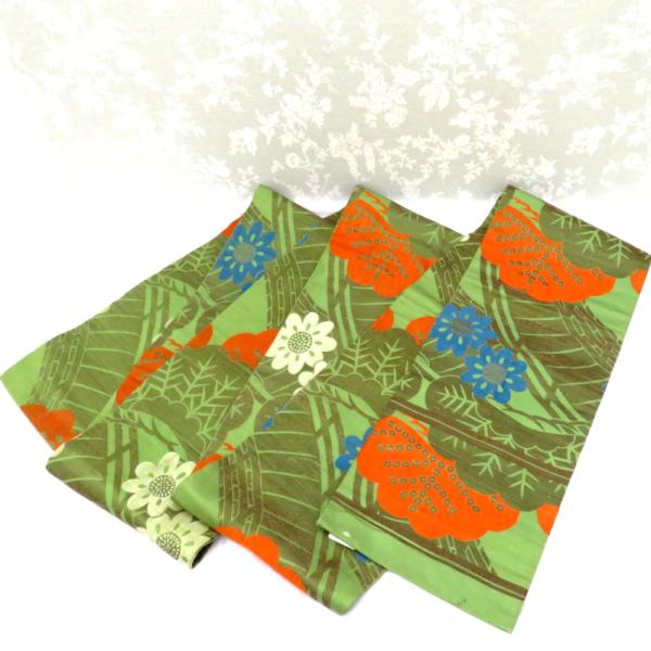 昔 子供帯 アンティーク 正絹 丸帯仕立 緑 白 オレンジ 青 茶 橋 松 花 レトロ 大正ロマン ...