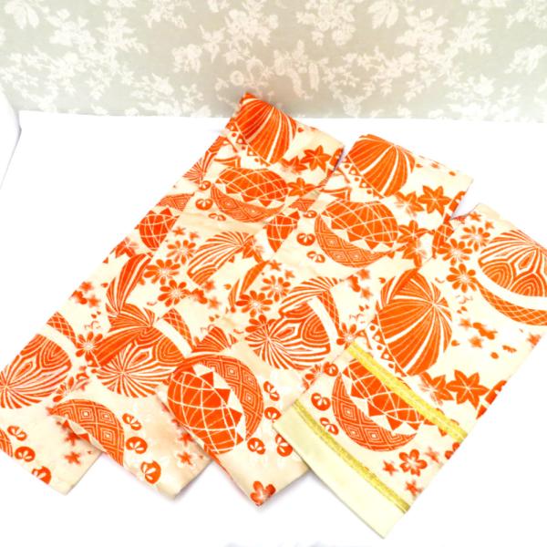 昔 子供帯 アンティーク 正絹 丸帯仕立 ベージュ オレンジ 手まり 花  レトロ 大正ロマン 昔着...