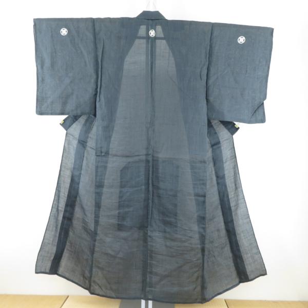 男着物 本麻 上布 男性用 紋付着物 丸に違い鷹の羽紋 夏用 黒色 礼装 フォーマル 結婚式 メンズ...