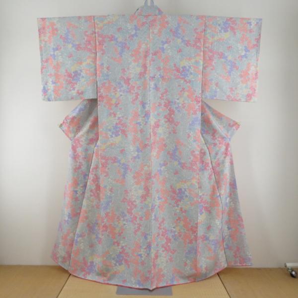 小紋 袷 小菊模様 薄水色ｘオレンジ色ｘ多色 正絹 広衿 仕立て上がり着物 身丈155cm