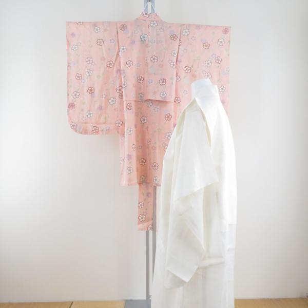 子供着物 夏用 絽 正絹 女の子用 四つ身 襦袢セット サーモンピンク 桜柄 半衿付き カジュアル ...