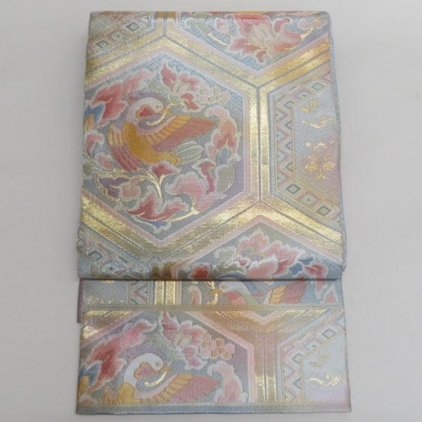 袋帯 佐賀錦 野々村織物 亀甲に鳥文 金糸銀糸 多色  正絹 仕立て上がり 長さ448cm