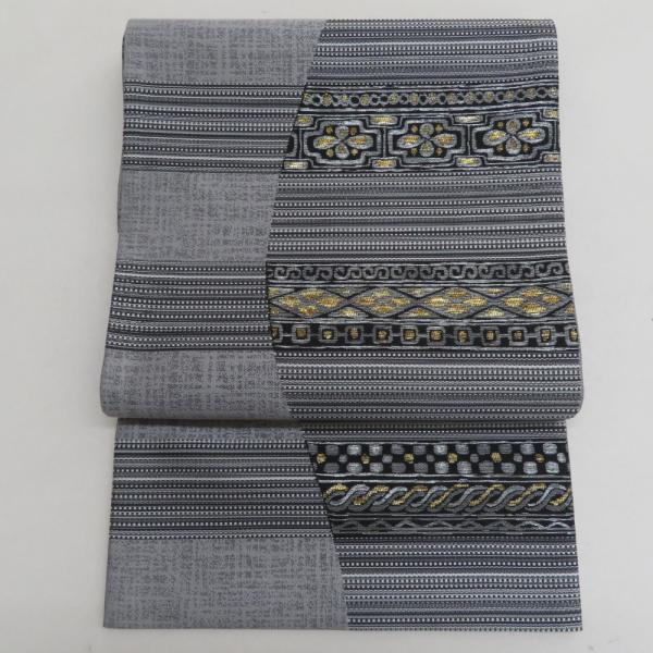 袋帯 洒落袋帯 エスニック調 幾何学模様 六通柄 ゴールドｘブラックｘグレー金糸 正絹 仕立て上がり...