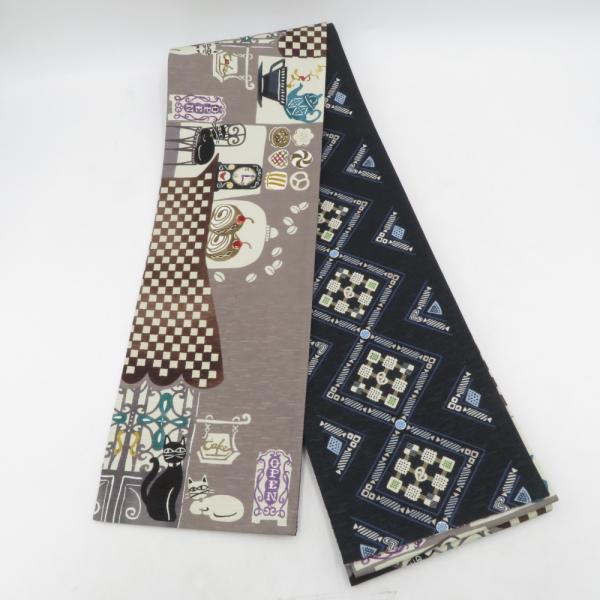 半幅帯 WAKKA ワッカ 猫カフェ クッキー柄 正絹 グレーｘネイビー リバーシブル 日本製 半巾...