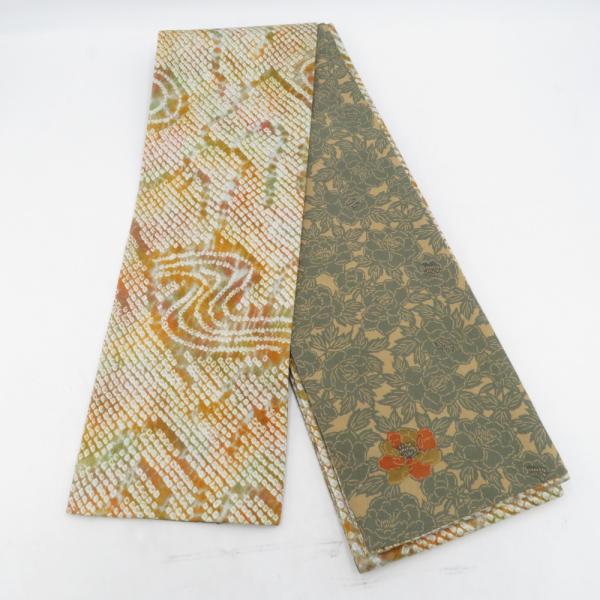 半幅帯 リバーシブル半巾帯 正絹 巾:約16×長さ:約415cm 絞り×小紋 オレンジ色ｘ茶色 鹿の...