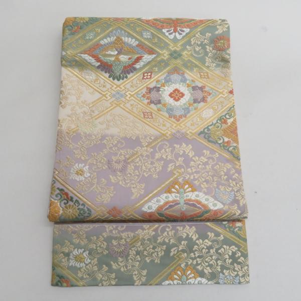 袋帯 唐織 金糸 六通柄 ゴールドｘ多色 菱型に唐草文様 正絹 仕立て上がり 長さ440cm