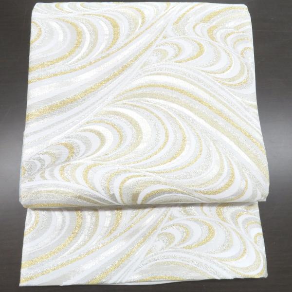 西陣織 にしじんおり 袋帯 振袖用 西陣織 白×金×銀 曲線柄 六通柄 交織 未仕立て 着物帯 新品