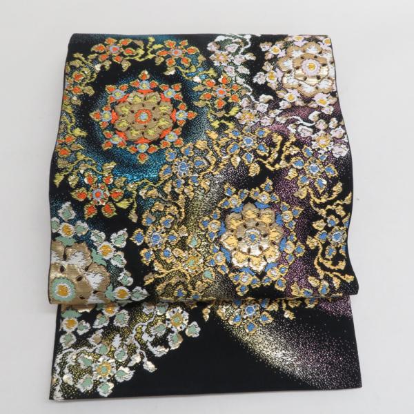 袋帯 たつむら 八綾彩環文 六通柄 黒色ｘ金色ｘ多色 カラフル 金糸銀糸 正絹 仕立て上がり 長さ4...