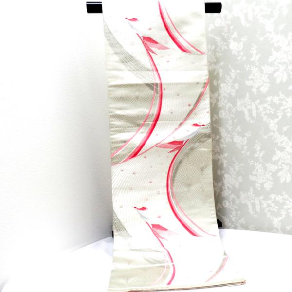 袋帯 振袖用 ピンク 銀 グレー 濃ピンク 孔雀文様 六通柄 正絹 仕立て上がり プラチナ箔二重織 ...