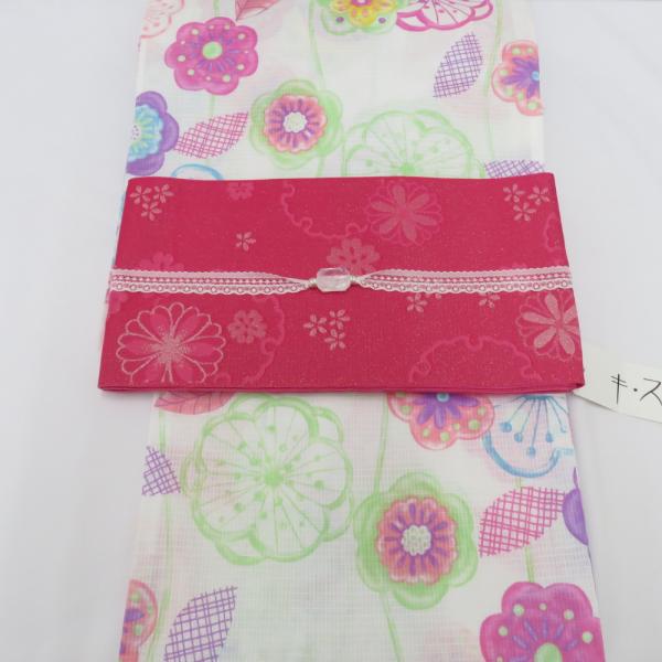 浴衣 女性ゆかた 浴衣帯 ビジュー付レース飾り紐 3点セット 白×ピンク×紫×緑×水色 花 葉 ポリ...