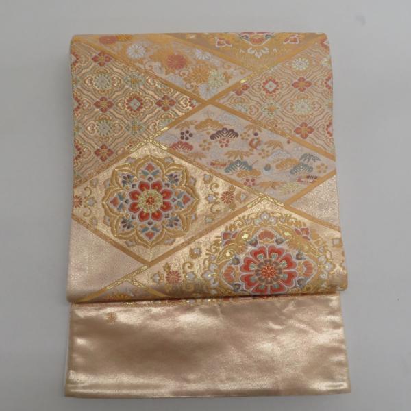 袋帯 正絹 金糸 ゴールド系 菱型に華文様 金色ｘ多色 六通柄 フォーマル 礼装 長さ464cm