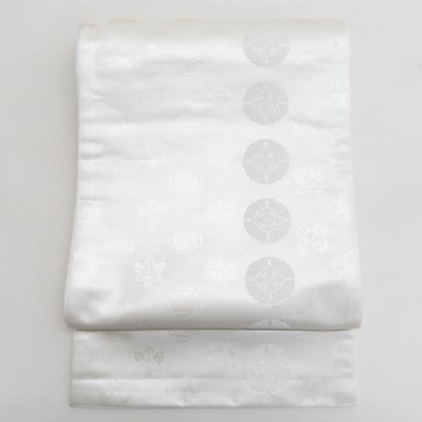 袋帯 正絹 銀糸 ホワイトｘシルバー 家紋文様 六通柄 フォーマル 礼装 長さ440cm