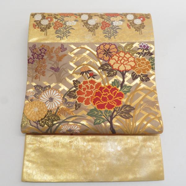 袋帯 西陣織 王朝華 引き箔 正絹 金糸 季節の花々文様 金色ｘ多色 ゴールド系 六通柄 フォーマル...