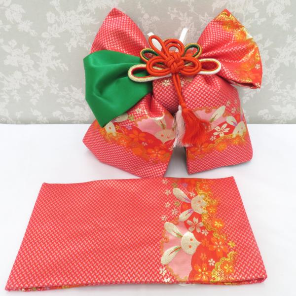子供着物 女児用 子ども用 作り帯 結び帯 7歳用 赤×ピンク×緑×金 うさぎ 雪輪 桜 市松 七五...