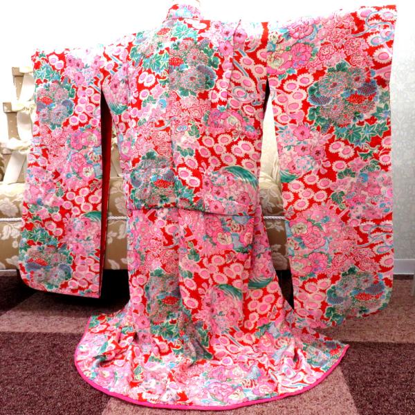 子供着物 アンティーク 昔 赤 白 ピンク 水色 緑 ベージュ 花々 花玉 女児用 四つ身 総柄 レ...
