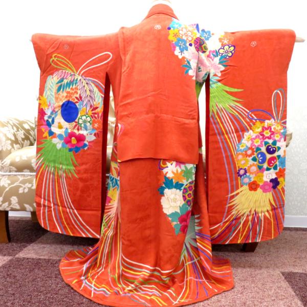 子供着物 希少 昔 アンティーク着物 四つ身 女児用 オレンジブラウン 多色 花薬玉 昔着物 胴裏紅...