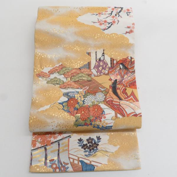 袋帯 正絹 綴れ織り 金糸 金色ｘ白色ｘ多色 平安文様 百人一首文様 六通柄 フォーマル 礼装 長さ...