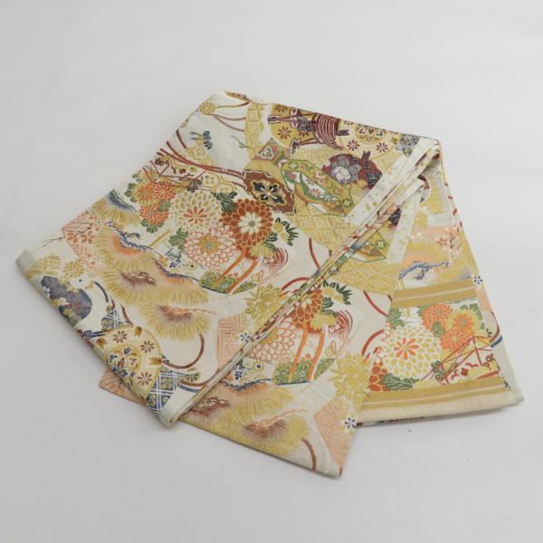 丸帯 アンティーク 人絹 金糸 ゴールドｘオレンジ色ｘ緑色 両面 吉祥模様 全通 仕立上がり レトロ...