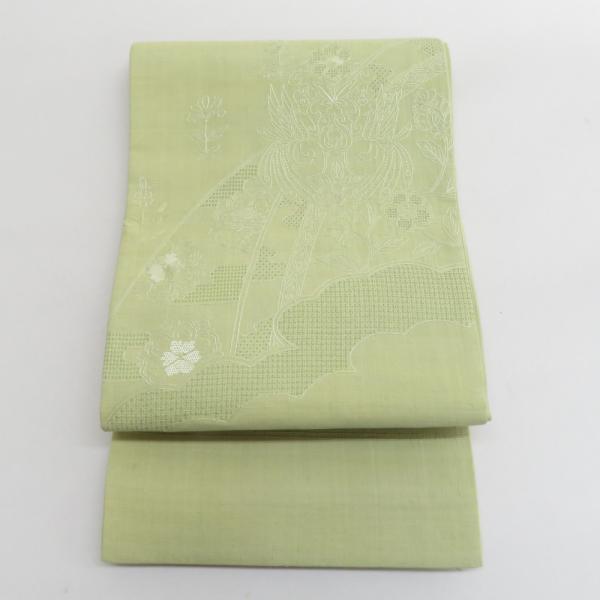 袋帯 洒落袋帯 正絹 紬 薄緑色 黄緑 スワトー刺繍 花鳥文様 お太鼓柄 仕立て上がり 着物帯 長さ...