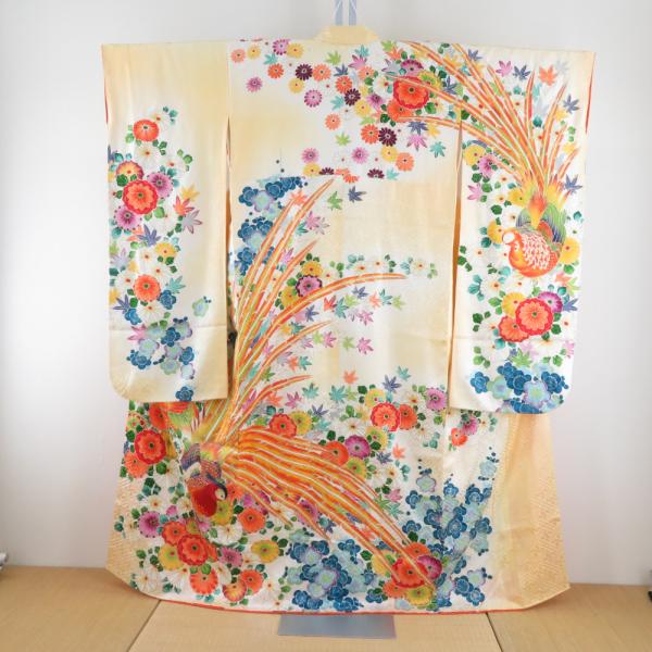 振袖 黄色ｘ多色 カラフル キジ文様 刺繍入り 正絹 袷 広衿 成人式 仕立て上がり 身丈160cm