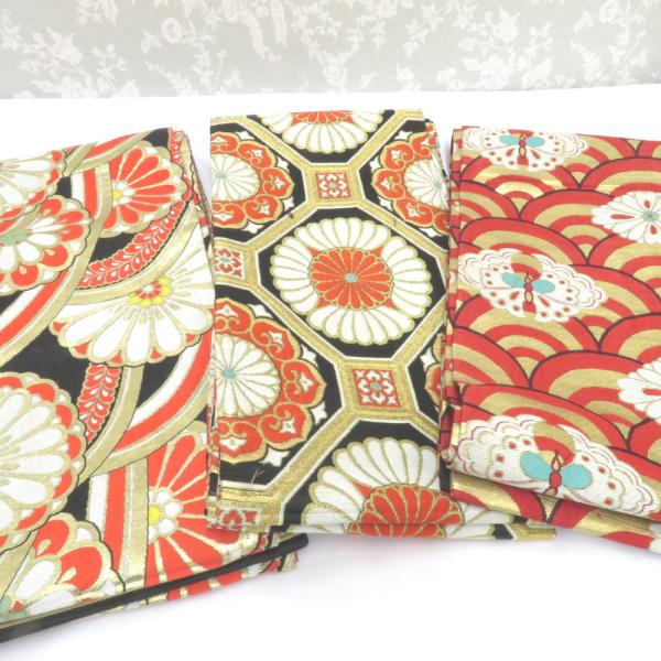 子供帯 まとめて3点セット 正絹 丸帯仕立て 黒×金×オレンジ 赤×金×白  七五三 レトロ 大正ロ...