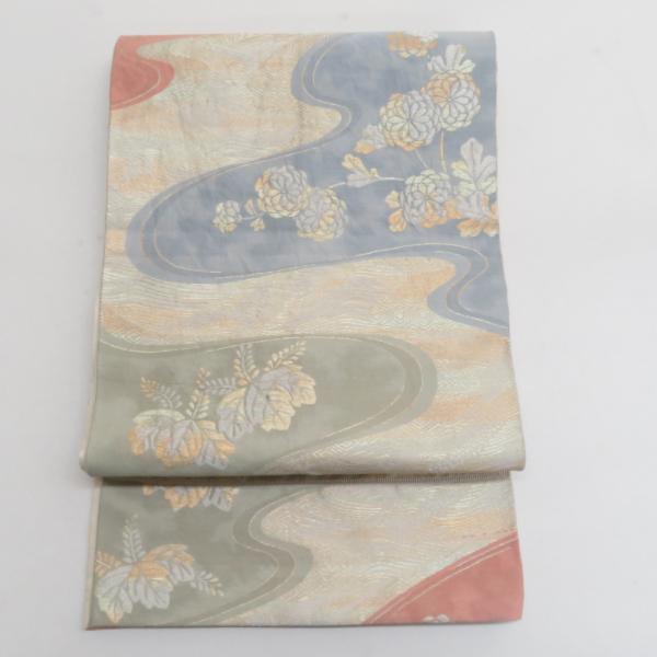 袋帯 パステル系 ゴールド系 金糸銀糸 流水に菊と桐文様 薄緑色ｘ薄赤色 六通柄 正絹 仕立て上がり...