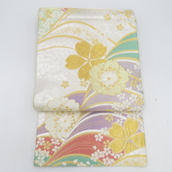 袋帯 振袖用 リバーシブル 白色ｘ多色 パステル系 波に夢桜紋様 金糸銀糸 六通柄 正絹 仕立て上が...