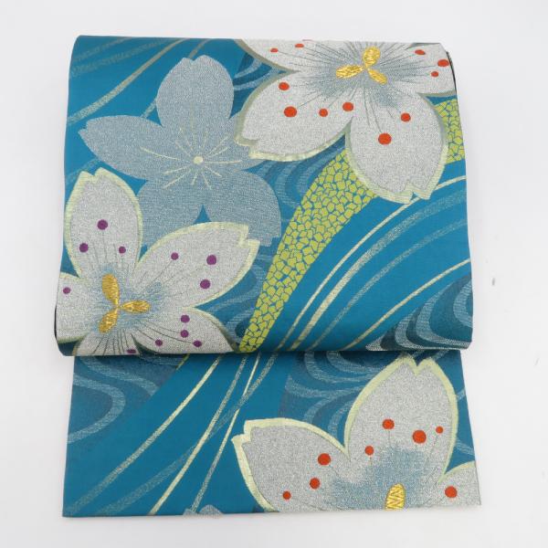 袋帯 振袖用 金糸 ターコイズブルーｘ金色 桜紋様 全通柄 正絹 仕立て上がり 着物帯 長さ440c...