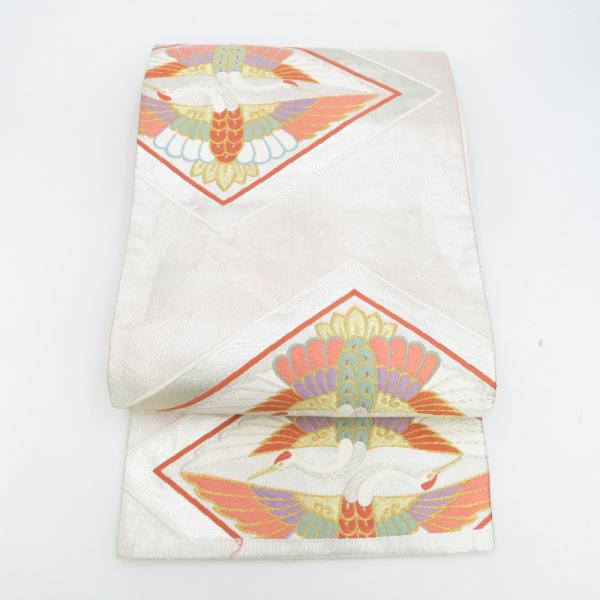 袋帯 振袖用 銀糸金糸 シルバー系 銀色ｘピンク色ｘ多色 向い鶴紋様 六通柄 正絹 仕立て上がり 着...