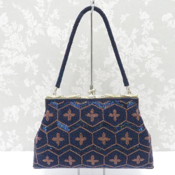 和装バッグ ビーズバッグ  ネイビー系  亀甲 ハンドバッグ パーティーバッグ レトロ 着物バッグ ...