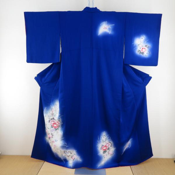 付下げ 袷 青色ｘピンク色ｘ多色 ぼかし染め 花瓶紋様 広衿 正絹 仕立て上がり着物 身丈158cm